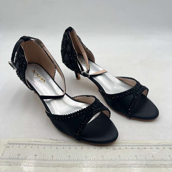 XYD Black Open Toe Rhinestones Ankle Strap Sandals Low Heel Bridal Evening Shoes - Picture 4 of 8